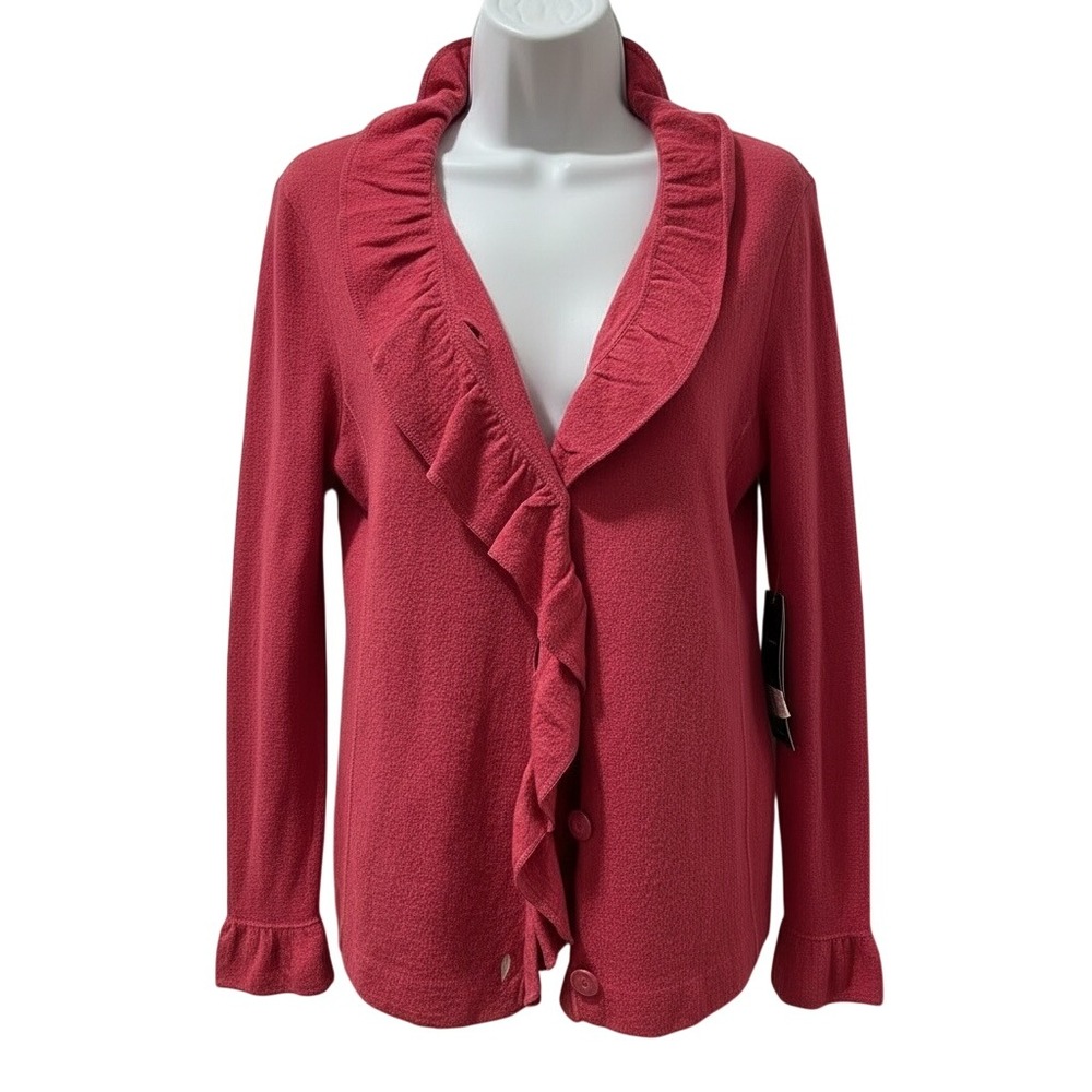 Jones New York Merino Wool Ruffle Cardigan Medium Pink Button Front NWT Romantic